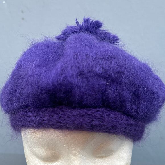 VTG Donegal Design Mohair Wool Beret Purple Fuzzy Pom Handwoven Ireland Hat main image 10
